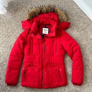 Tommy Hilfiger Kids Red Puffer Coat with Faux Fur Hood